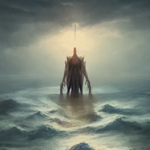 Image similar to A being with seven heads and ten horns coming out of the ocean , digital Art, Greg rutkowski, Trending artstation, cinematographic, hyperrealistic