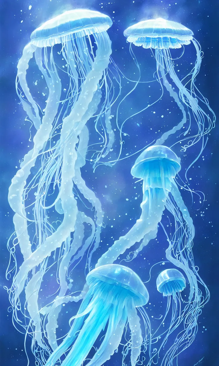 Image similar to detailed jellyfish in space, blue tones, underwater, full frame, highly detailed, digital painting, artstation, concept art, smooth, sharp focus, illustration, art greg rutkowski and alphonse mucha