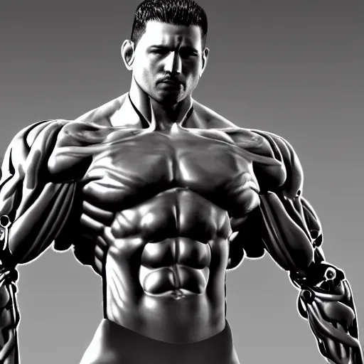 Image similar to a realistic detailed photo of a bodybuilder who is also a male android, Chris Redfield, shiny skin, posing robotically. blank stare