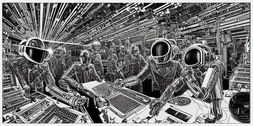 Image similar to intricate detailed artwork of 2 Daft Punk robot rock using Apple notebook Macbook at an underground warehouse rave in Ibiza, playing techno house music, thousands of beautiful girls in bikini dancing, in the style of Moebius, wires, speakers, black and white ink, some ink drips, sharp details