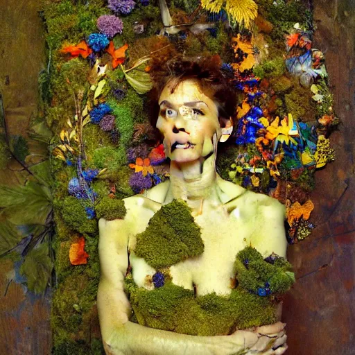 Prompt: a sculpture portrait made of butterflies and moss and flowers and plants, painting part by wojciech siudmak, part by ilya repin, part by max ernst, part by norman rockwell, artstation