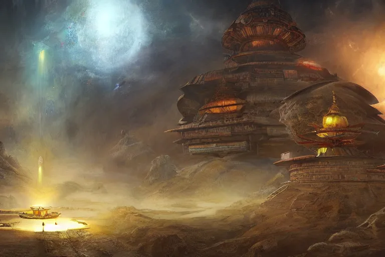 Image similar to spacecraft landing in mythical buddhist kingdom of shambhala, in the style of frank frazetta, ultra realistic, atmosphere glow, detailed intricate, colorful, cinematic lighting, unreal engine, god lighting