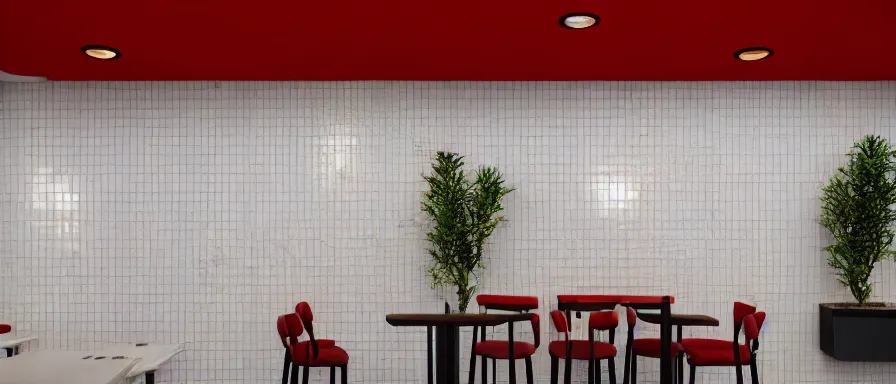 Image similar to a beautiful simple interior render of small roasted string hotpot restaurant restaurant yan'an, wall corner, from china, red paper wall and white tile floor, rectangle white porcelain table, fine simple delicate structure, chinese style, simple composition, simple style structure decoration design, victo ngai, 4 k hd