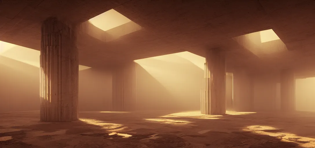 Image similar to dramatic view of empty brutalist underground structure, giant towering pillars, heavy glowing orange fog, unreal engine, dramatic lighting, detailed, ambient occlusion, global illumination, god rays, 3 d artstation render by greg rutowski and jessica rossier