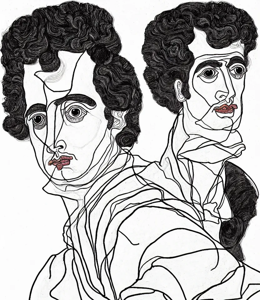 Prompt: detailed line art portrait of lord byron, inspired by egon schiele. caricatural, minimalist, bold contour lines, musicality, soft twirls curls and curves, confident personality, raw emotion