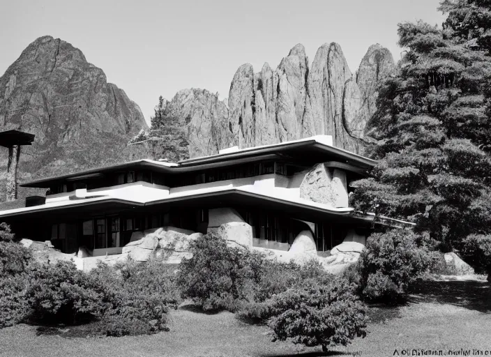 Image similar to photograph of a frank lloyd wright house in front of beautiful mountains by ansel adams, 2 0 0 mm, color film camera, pentax