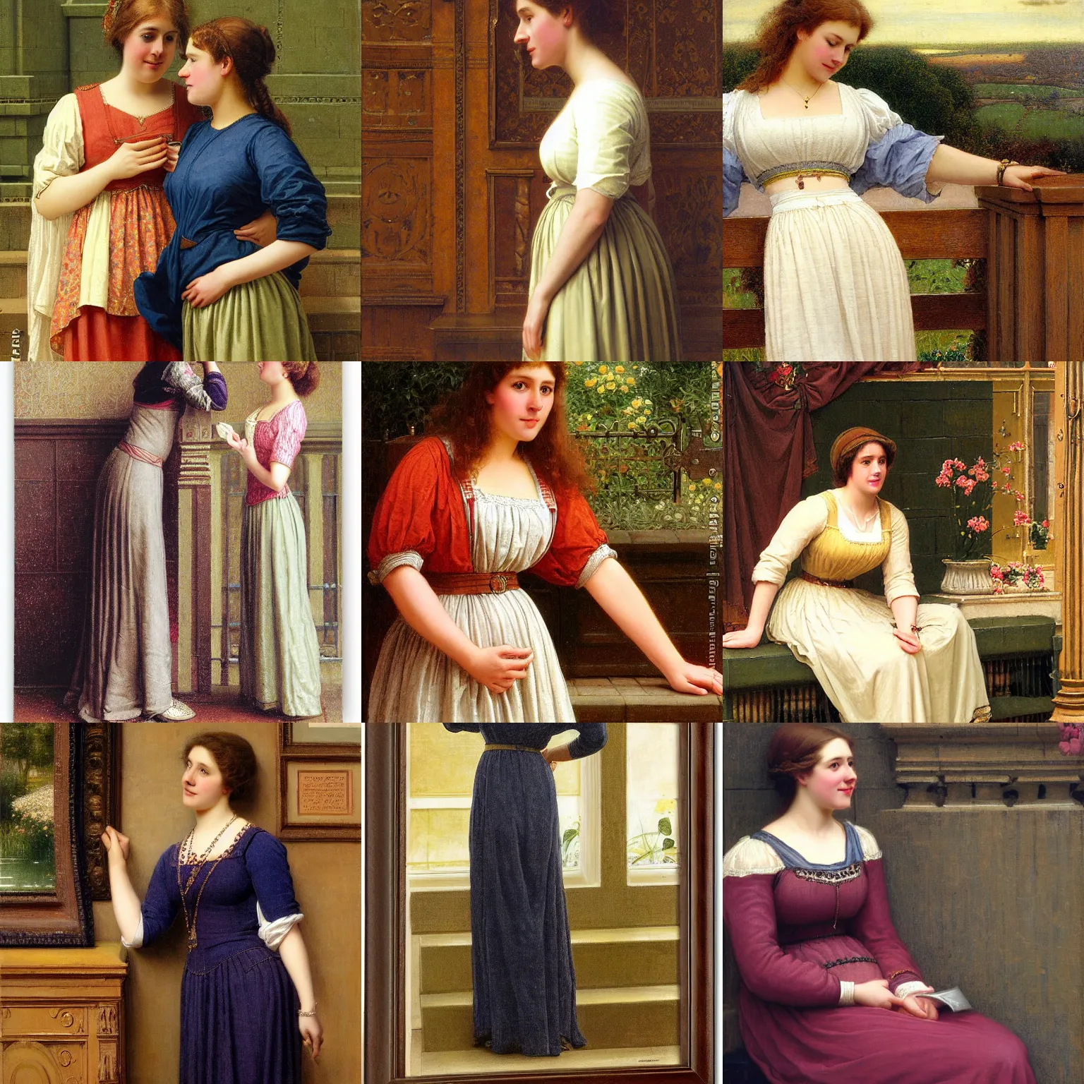 Prompt: pam beesly touching her hip and stomach, by edmund blair leighton