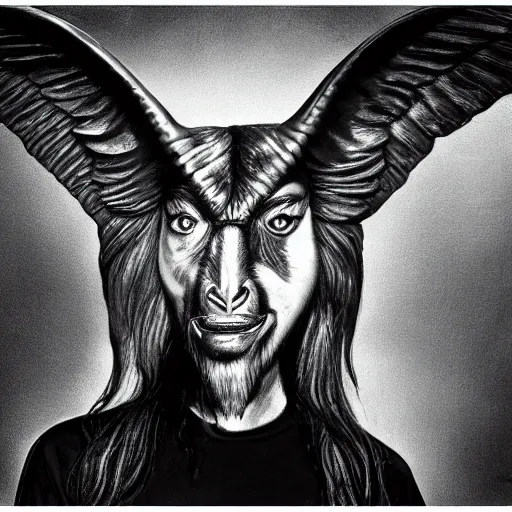 Image similar to a realistic portrait of baphomet, studio photography,