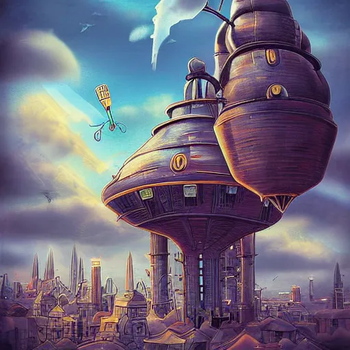 Prompt: flying tulip steam fortress, fantasy art, urban, sky in the background, detailed, behrens style