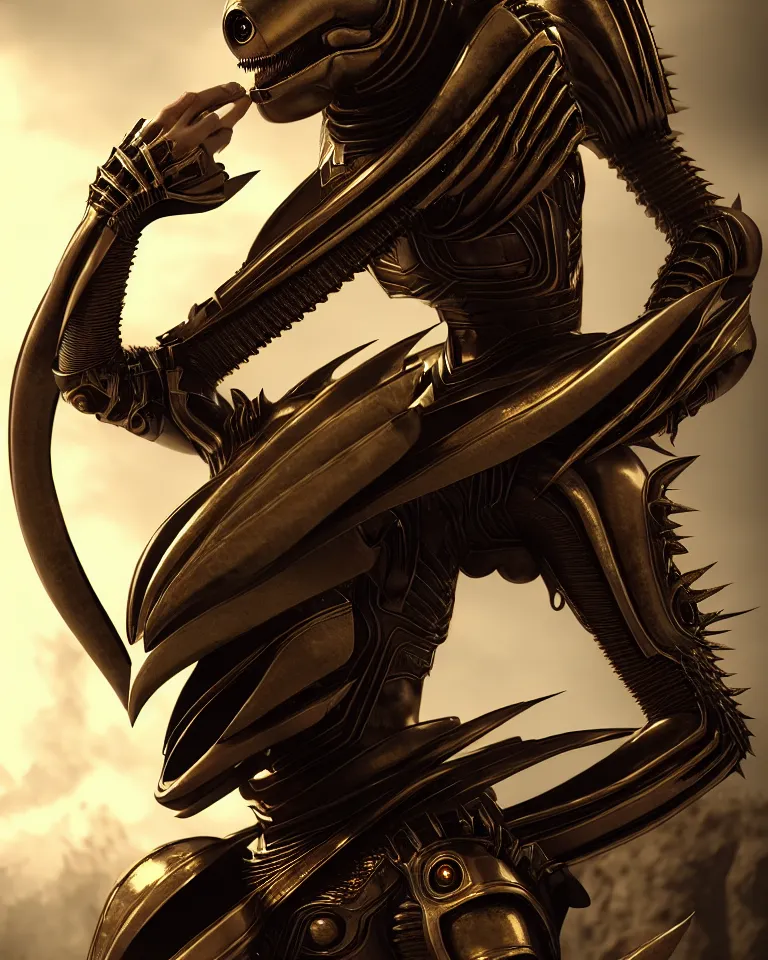 Image similar to epic portrait of alien queen in ring armour by cleavanger and elvgren epic octane vfx maya render