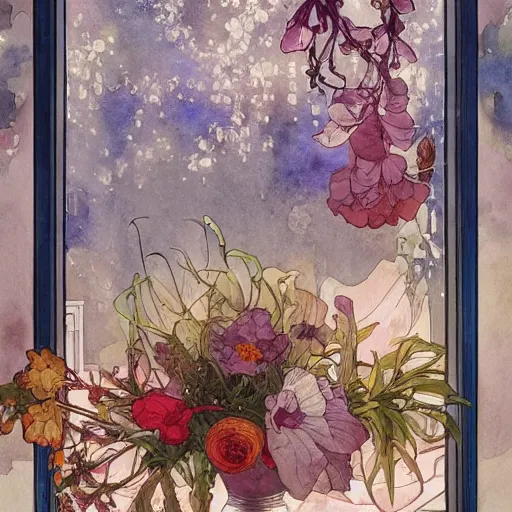 Prompt: a beautiful intricate watercolor illustration of a flower still life in a windows, 4 k, ultra - wide angle, by william turner, by victo ngai, by alphonse mucha, by miho hirano, hd, trending on artstation, hyper detailed, muted colors