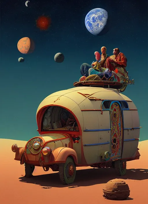 Image similar to gypsy caravan by paolo eleuteri serpieri and tomer hanuka and chesley bonestell and daniel merriam and tomokazu matsuyama, unreal engine, high resolution render, featured on artstation, octane, 8 k, highly intricate details, vivid colors, planets, moon, stars