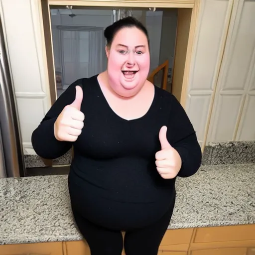 Image similar to fat woman with black long ponytail giving a thumbs up, selfie in the kitchen