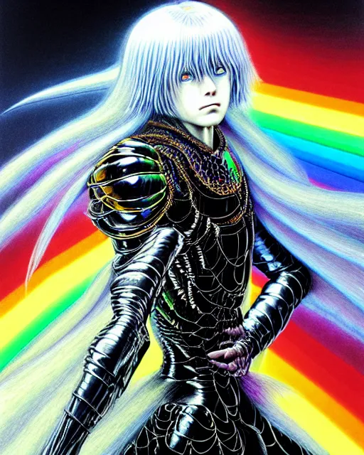 Image similar to realistic detailed image of ultra wrathful rainbow diamond iridescent mega griffith from berserk, depth perception, depth of field, action horror by ayami kojima, neo - gothic, gothic, part by adrian ghenie and gerhard richter. art by yoshitaka amano. masterpiece