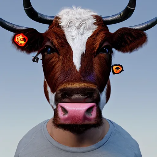 Image similar to portrait of a man - faced cow, hyper detailed, 3 / 4 shot, digital art, trending in artstation, cinematic lighting, studio quality, smooth render, unreal engine 5 rendered, octane rendered, art style by klimt and nixeu and ian sprigger and wlop and krenz cushart