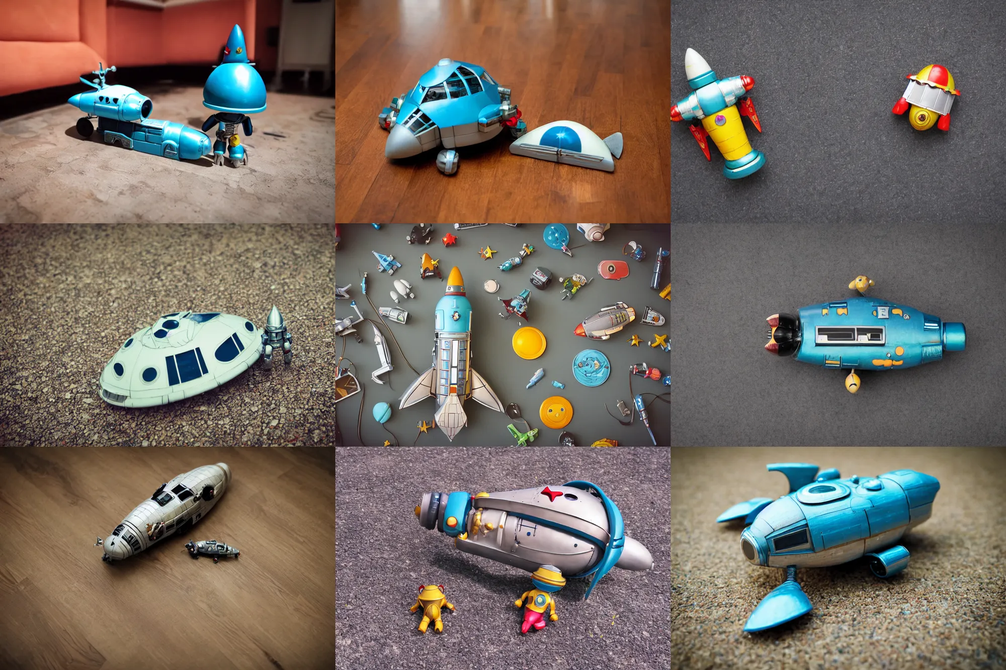 Prompt: photograph cute retro sci - fi metal toy spaceship on the floor