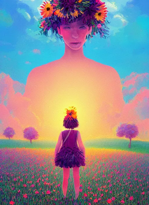 Prompt: girl with flower head, in a field with flowers, hills, big trees, sunrise dramatic light, impressionist painting, colorful clouds, digital painting, pointillism, artstation, simon stalenhag, flower head