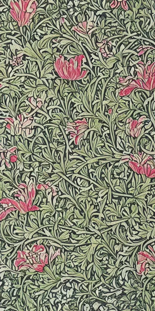 Image similar to spring flowers, happy, beautiful, style of william morris print