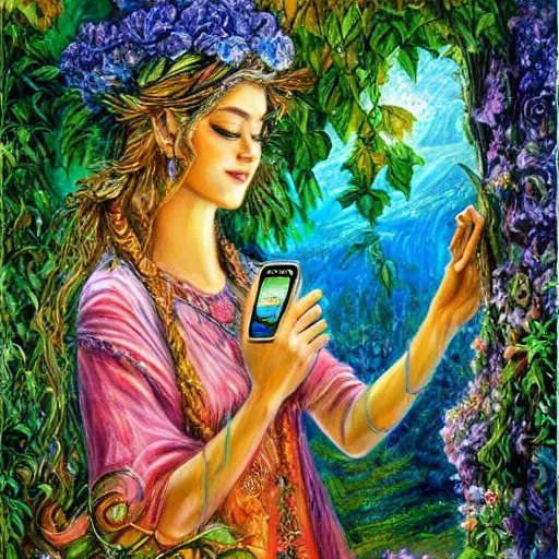 Image similar to a nature goddess checking her cell phone by senior concept artist josephine wall, acrylic on canvas, intricately detailed