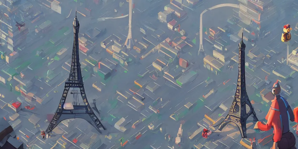 Prompt: Cartoon characters at the Eiffel Tower by Goro Fujita and Simon Stalenhag , 8k, trending on artstation, hyper detailed, cinematic