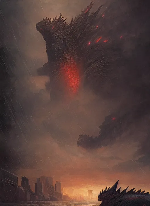 Prompt: Godzilla approaching a city, highly detailed, digital painting, artstation, concept art, sharp focus, illustration, art by greg rutkowski and alphonse mucha