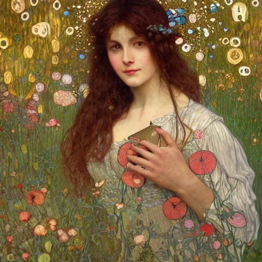 Prompt: detailed painting of a dreamy woman in a romantic forest with mathematical drawings of geometrical networks, detailed realistic face, zoomed out, 4 k, by waterhouse, mucha, klimt