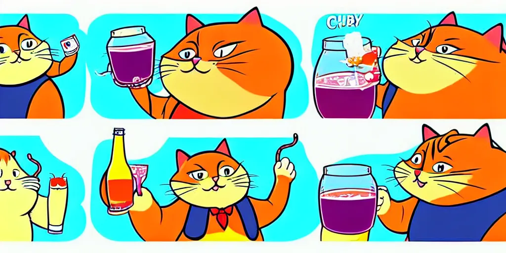 Image similar to chubby cartoon concept art, cat drinking soda, from lorax movie, spiral clouds, sam and max