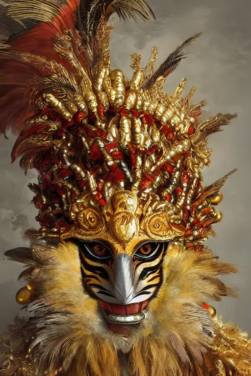 Image similar to masterful fantastic realist painting an exotic ancient feathered and bejeweled bird wearing an exquisite and fiercely painted bugaku mask of a tiger, gold chains strung like tinsel, digital painting trending on artstation, viciously blinded, volumetric lighting and mist, cosplay, portrait painting, hyperrealistic, octane render