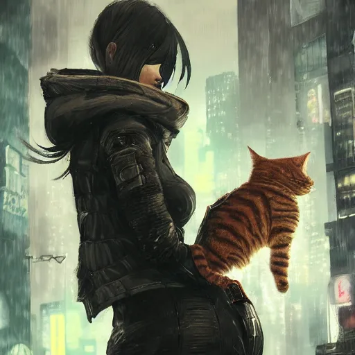 Prompt: highly detailed portrait of a ginger tabby cat in the rainy streets of a cyberpunk dystopia, by Dustin Nguyen, Akihiko Yoshida, Greg Tocchini, Greg Rutkowski, Cliff Chiang, 4k resolution, nier:automata inspired, bravely default inspired ((dystopian cyberpunk background))