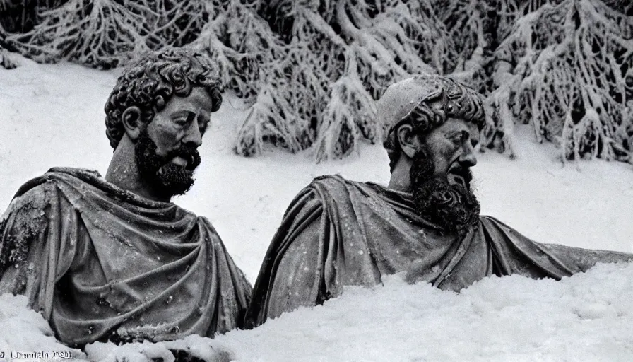 Image similar to 1 9 6 0 s movie still close up of marcus aurelius wearing roman legionnaire clothes frozen to death under the snow by the side of a river with gravel, pine forests, cinestill 8 0 0 t 3 5 mm, high quality, heavy grain, high detail, texture, dramatic light, anamorphic, hyperrealistic, detailed hair, bright sun