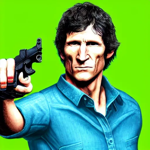 Image similar to todd howard pointing a gun towards the camera and forcing you to buy skyrim, threatening, sharp, cinematic, colorful, digital, neon, bright