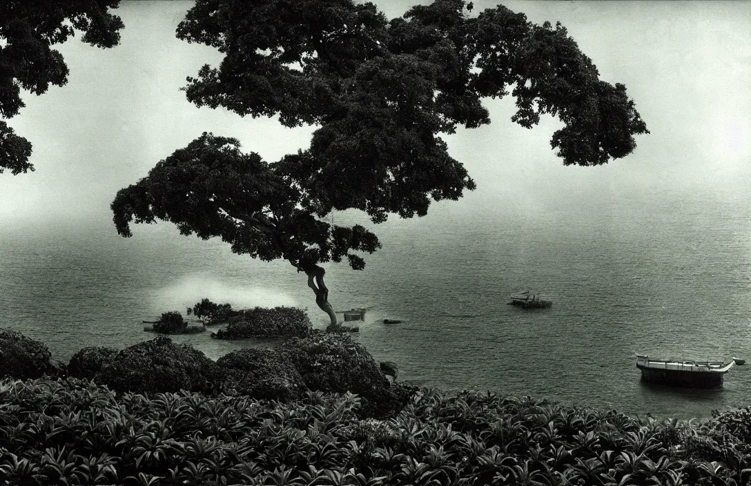 Image similar to the little garden of paradise ship ever further out to sea power of quiet has its own distinctive quality quite unlike any other intact flawless ambrotype from 4 k criterion collection remastered cinematography gory horror film, ominous lighting, evil theme wow photo realistic postprocessing oblivious slumber the horizon dissolves in mists gun camera footage building by mies van der rohe