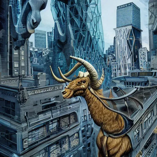 Image similar to a horned goat in a cityscape, intricate, futuristic, ultra realistic, hyper detailed, cinematic, bold,