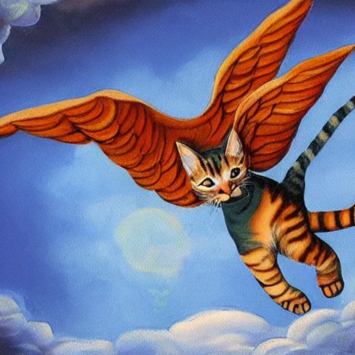 Prompt: a very detailed, painting of a cat with wings flying though the sky in michelangelo style of painting