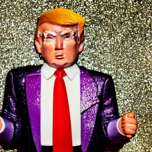 Prompt: Donald Trump with silver-violet hair, white eyes and golden glittery dress, wide lens, diorama, 4k,