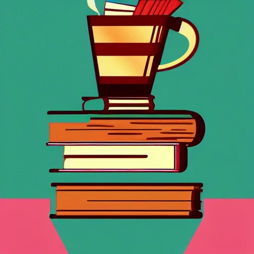 Image similar to Cup of coffe on a stack of books, digital art, award winning, trending on artstation, Poster illustration, art by patrick nagel