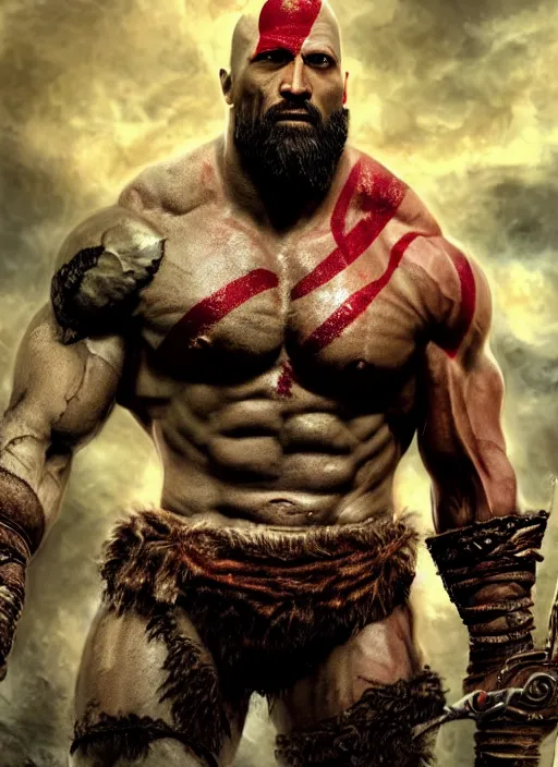 Image similar to a highly detailed beautiful 3 5 mm photo of dwayne johnson kratos hybrid god of war holding a sword and fighting zombies on a pile of human skulls, spartan warrior, olympian god, muscular!, frank frazetta, boris vallejo, action pose, ambient lighting, volumetric lighting, octane, fantasy