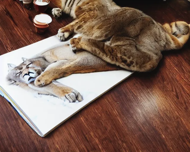 Image similar to colouring book showing 'a cougar sleeping in the middle of snowy pine tree' laying on coffee table, zoomed out shot, HD, iphone capture