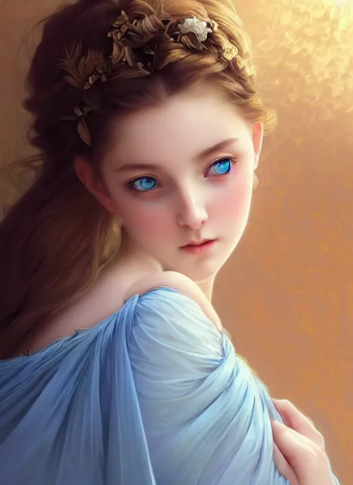 Image similar to Portrait of dreamy and ethereal girl with light blue eyes, peaceful expression, ornate frilly dress, fantasy, intricate, elegant, beautiful, digital art, beautiful dynamic lighting, golden ratio, highly detailed, digital painting, trending on artstation, concept art, smooth, sharp focus, illustration, photo realistic, art by artgerm and greg rutkowski and alphonse mucha and yoji shinkawa, 4K