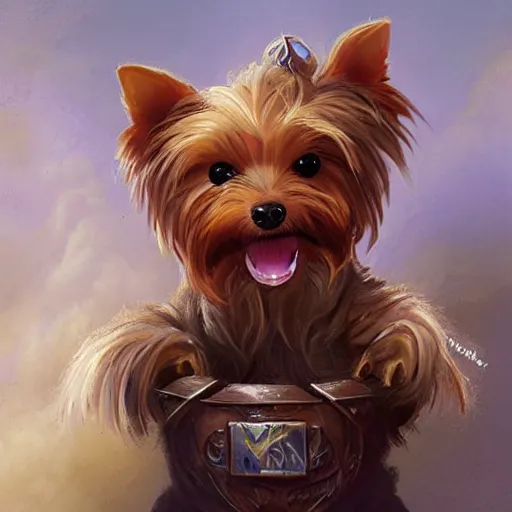 Image similar to cute little anthropomorphic Yorkie [thing], Yorkshire Terrier, tiny, small, short, cute and adorable, pretty, beautiful, DnD character art portrait, matte fantasy painting, DeviantArt Artstation, by Jason Felix by Steve Argyle by Tyler Jacobson by Peter Mohrbacher, cinema