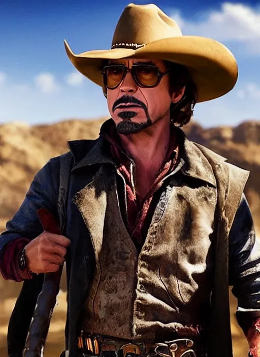 Image similar to an film still of robert downey jr as cowboy with beard, western background, unreal engine. amazing likeness. very detailed.