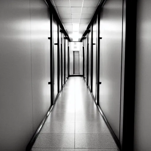 Prompt: curved still of an endless office hallway into an elevator, liminal feeling, uncanny