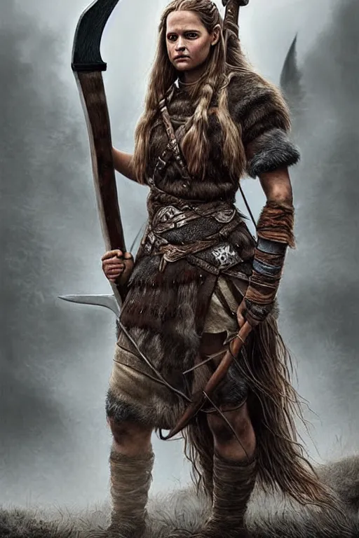 Prompt: gorgeous!! hyper - realistic woman resembling alicia vikander as a battle - worn viking warrior wielding a giant axe | intricate, highly detailed, digital painting, character design, character concept art