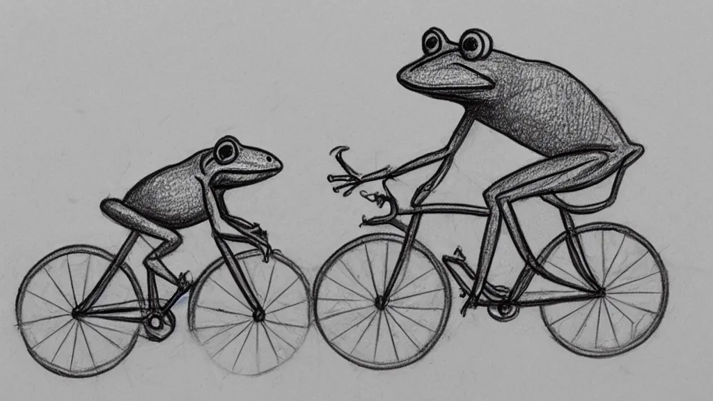 Image similar to a pencil sketch of a frog riding a bicycle