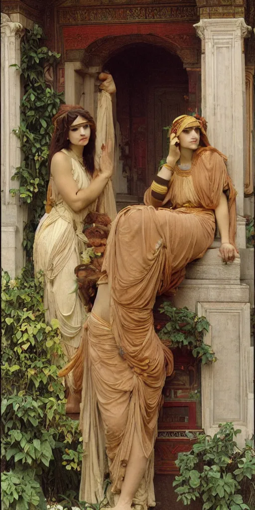 Image similar to at the gate of the temple by john william godward painted by alphonse mucha