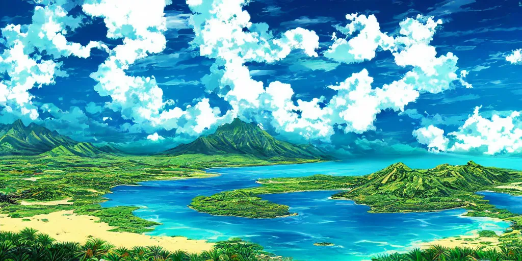 Image similar to detailed anime illustration of a beautiful hawaii landscape, ocean lagoon, breathtaking clouds by makoto shinka