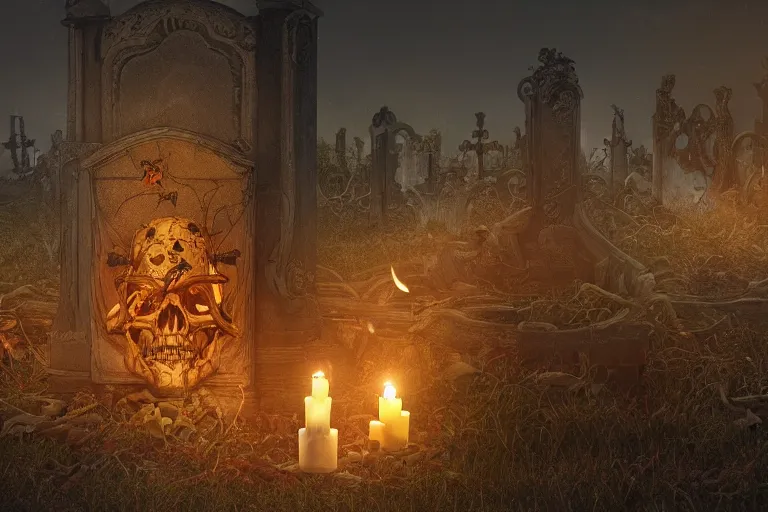 Image similar to an ultra detailed animation of a skull candle in a graveyard at midnight on halloween, digital art, dark fantasy, concept art, soulslike, by alphonse mucha, blood moon eclipse, ruined building in the background, artstation, 8 k, unreal engine render