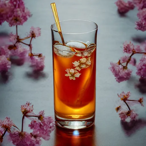 Prompt: ice - t, tall iced tea glass, by alfons mucha, golden hour, realistic, body shot, sharp focus, 8 k high definition, insanely detailed, intricate, elegant, cherry blossoms