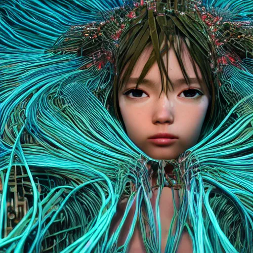 Image similar to piles of modular synth cables mixed with mangrove roots, kawaii puerto rican goddess staring through your soul wearing a headpiece made of circuit boards, by makoto shinkai, masamune, and stanley kubrick, unique perspective, eastman color, trending on artstation, cinematic, 3 d render, photorealistic