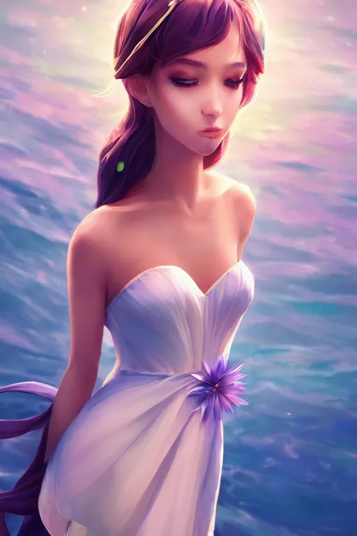 Image similar to a beautiful fashion goddness of love, chic strapless dress, tropical sea background, character design, in the style of artgerm, and wlop, cinematic lighting, hyperdetailed, 8 k realistic, symmetrical, global illumination, radiant light, frostbite 3 engine, cryengine, dof, trending on artstation, digital art